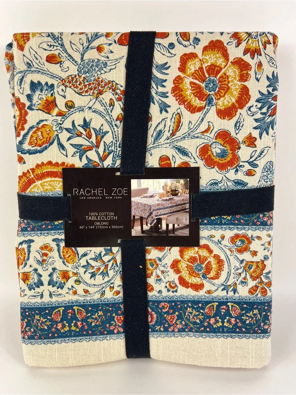 Rachel Zoe FALL Tablecloth Blue Orange Cream Floral Birds 60 x 144 Cotton NEW